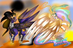 Size: 4500x3000 | Tagged: safe, artist:sapphirus, imported from derpibooru, princess celestia, oc, alicorn, absorbtion, absorption, alicorn oc, black hole, black sclera, commission, event horizon, evil, female, fight, horn, magic theft, male, mare, offspring, parent:king sombra, sombra eyes, stallion, wings