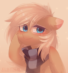 Size: 1006x1080 | Tagged: safe, artist:floweryoutoday, artist:solnuh, imported from derpibooru, oc, oc only, oc:mirta whoowlms, pegasus, pony, blue eyes, blushing, clothes, crying, messy mane, scarf