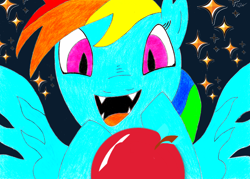 Size: 1920x1371 | Tagged: safe, artist:qnight, artist:qnighter, imported from derpibooru, rainbow dash, bat pony, pony, apple, food, smiling, solo, stars, wings