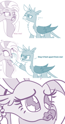 Size: 732x1382 | Tagged: safe, artist:sintakhra, edit, edited edit, imported from derpibooru, gallus, silverstream, griffon, hippogriff, ..., coronavirus, covid-19, cute, diastreamies, edit of an edit of an edit, female, gallabetes, gallstream, gallus is not amused, kiss me, male, no, out of context, parody, sad, shipping, shipping denied, smiling, smirk, social distancing, straight, text edit, unamused