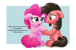 Size: 5000x3332 | Tagged: safe, artist:jhayarr23, imported from derpibooru, pinkie pie, oc, oc:ace play, earth pony, pony, canon x oc, coronavirus, covid-19, cute, dialogue, diapinkes, duo, facial hair, female, floppy ears, goatee, heartwarming, high res, holding hooves, hoof hold, hoof touch, male, mare, movie accurate, pinkie promise, pinkieplay, positive ponies, shipping, simple background, sitting, stallion, straight, truth, vector