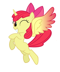 Size: 1216x1456 | Tagged: safe, alternate version, derpibooru exclusive, edit, editor:proto29, imported from derpibooru, apple bloom, alicorn, pony, alicornified, blank flank, bloomicorn, colored wings, female, flying, one eye closed, race swap, simple background, solo, transformation, white background, wings, wink