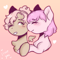 Size: 2000x2000 | Tagged: safe, artist:poofindi, imported from derpibooru, oc, oc only, oc:kayla, oc:mary jane, earth pony, pegasus, pony, cheek kiss, duo, female, kayry, kiss on the cheek, kissing, lesbian, mare, oc x oc, shipping, smiling, text