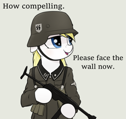 Size: 1091x1028 | Tagged: safe, artist:whiskeypanda, imported from derpibooru, oc, oc only, oc:aryanne, earth pony, semi-anthro, /mlp/, drawthread, gun, helmet, human shoulders, imminent death, implied execution, meme, military uniform, mp40, nazi, nazi germany, nazipone, ponified, ponified meme, schutzstaffel, simple background, solo, text, weapon, world war ii