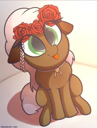 Size: 1079x1415 | Tagged: safe, artist:perezadotarts, imported from derpibooru, part of a set, oc, oc only, oc:rosalie, pegasus, pony, commission, cute, flower, flower in hair, mlem, pegasus oc, silly, solo, tongue out, wings, ych result