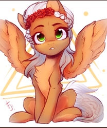 Size: 1080x1296 | Tagged: safe, artist:falafeljake, imported from derpibooru, oc, oc only, oc:rosalie, pegasus, pony, chest fluff, cute, female, flower, flower in hair, looking at you, mare, pegasus oc, sitting, wings