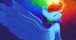 Size: 3240x1720 | Tagged: safe, artist:vultraz, imported from derpibooru, rainbow dash, pegasus, pony, bust, eyes closed, female, leg fluff, mare, profile, solo, spread wings, wings