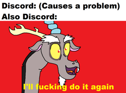 Size: 1049x770 | Tagged: safe, artist:logan jones, imported from derpibooru, discord, draconequus, filthy frank, goofy, goofy (disney), goofy's murder trial, i'll fuckin do it again, i'll fucking do it again, male, meme, ponified meme, red background, simple background, solo, text, vulgar