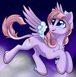 Size: 2164x2202 | Tagged: safe, artist:gleamydreams, imported from derpibooru, oc, oc only, oc:powder floof, pegasus, pony, blue eyes, chest fluff, cloud, female, mare, mountain, solo, stars