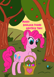 Size: 3280x4641 | Tagged: safe, alternate version, artist:qnight, artist:qnighter, imported from derpibooru, boulder (pet), pinkie pie, earth pony, pony, apple, boulder (g4), cute, easter, easter egg, food, holiday, sweet apple acres, text, tree