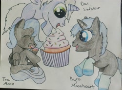 Size: 3526x2606 | Tagged: safe, artist:marvelmoon, imported from derpibooru, oc, oc only, oc:davi sinfalair, oc:kyra moonheart, oc:tira moon, alicorn, pegasus, unicorn, alicorn oc, clothes, cupcake, cute, foal, food, horn, socks, traditional art, wings