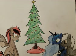 Size: 3980x2928 | Tagged: safe, artist:marvelmoon, imported from derpibooru, princess luna, oc, oc:alex sinfalair, oc:scarlet dusk, bat pony, pegasus, apple, christmas, christmas tree, food, holiday, lulex, traditional art, tree