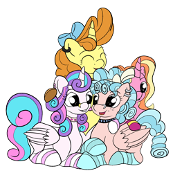 Size: 1900x1900 | Tagged: safe, artist:appleneedle, artist:icey-wicey-1517, artist:icicle-wicicle-1517, color edit, edit, imported from derpibooru, cozy glow, luster dawn, princess flurry heart, pumpkin cake, alicorn, pegasus, pony, unicorn, a better ending for cozy, alternate hairstyle, bow, choker, clothes, collaboration, colored, cozyheart, ear piercing, earring, eyes closed, female, flurry heart gets all the mares, flurrydawn, freckles, grin, hair bow, hug, jewelry, lesbian, mare, nose piercing, nose ring, older, older cozy glow, older flurry heart, older pumpkin cake, open mouth, piercing, polyamory, pumpkin heart, pumpkin heart glow, shipping, simple background, sitting, smiling, socks, striped socks, transparent background