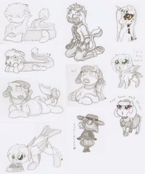 Size: 1280x1531 | Tagged: safe, artist:ravenpuff, imported from derpibooru, oc, oc only, oc:cookie cutter, oc:floofy (ravenpuff), oc:golden dancer, oc:good fortune, oc:pristine polish, oc:rowena, draconequus, original species, shark, shark pony, unicorn, blood, chibi, clothes, female, maid, male, mare, monochrome, nosebleed, prone, stallion, traditional art