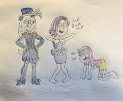 Size: 3599x2964 | Tagged: safe, artist:13mcjunkinm, imported from derpibooru, rarity, sweetie belle, trixie, equestria girls, barefoot, behaving like a chicken, behaving like a dog, clothes, feet, headband, hypnosis, hypnotized, jacket, magician outfit, pencil skirt, rarity peplum dress, skirt, traditional art