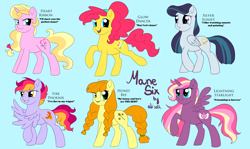 Size: 3594x2148 | Tagged: safe, artist:ali-selle, imported from derpibooru, oc, oc only, oc:lightning starlight, alicorn, earth pony, pegasus, pony, unicorn, alternate mane six, blue background, design, group, multiple characters, simple background