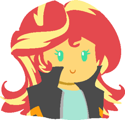 Size: 367x352 | Tagged: safe, artist:reiduran, imported from derpibooru, sunset shimmer, equestria girls, beady eyes, bust, chibi, clothes, cute, female, jacket, lineless, portrait, shimmerbetes, simple background, smiling, solo, transparent background