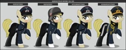 Size: 1280x512 | Tagged: safe, artist:brony-works, imported from derpibooru, oc, oc only, earth pony, pony, boots, clothes, earth pony oc, eyelashes, female, hat, helmet, mare, nazi germany, raised hoof, reference sheet, shoes, smiling, solo, uniform, world war ii