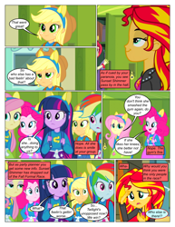 Size: 612x792 | Tagged: safe, artist:greatdinn, artist:newbiespud, edit, edited screencap, imported from derpibooru, screencap, applejack, fluttershy, pinkie pie, rainbow dash, sunset shimmer, twilight sparkle, comic:friendship is dragons, equestria girls, equestria girls (movie), animal ears, clothes, collaboration, comic, dialogue, female, lockers, screencap comic, smug