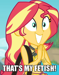 Size: 550x700 | Tagged: safe, edit, edited screencap, imported from derpibooru, screencap, sunset shimmer, equestria girls, equestria girls series, forgotten friendship, belly button, bikini, bikini top, blurred background, blurry background, building, caption, cliff, clothes, cloud, cropped, cute, female, forest background, geode of empathy, gold, hands together, image macro, jewelry, magical geodes, midriff, necklace, outdoors, sarong, shimmerbetes, shoulder bag, sky, smiling, solo, sun, swimsuit, text, that is my fetish, wristband