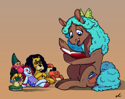 Size: 4478x3547 | Tagged: safe, artist:docwario, imported from derpibooru, oc, oc only, oc:birdie, earth pony, pony, book, gradient background, high res, plushie, reading, solo, toy