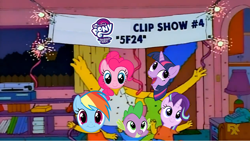 Size: 1704x968 | Tagged: safe, imported from derpibooru, pinkie pie, rainbow dash, spike, starlight glimmer, twilight sparkle, cakes for the memories, spoiler:cakes for the memories, spoiler:mlp friendship is forever, all singing all dancing, clip show, female, group, male, solo, the simpsons