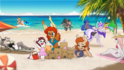 Size: 4877x2743 | Tagged: safe, artist:xxmarkingxx, imported from derpibooru, oc, oc only, oc:athena fletcher ridgewell, oc:ember rose, oc:firelight, oc:haiyan erkore, oc:honeypot meadow, oc:kaldra versvesh, oc:lady lovegreen, oc:lightning blast, oc:nikopol, oc:pandie, oc:rainy night, oc:rosie quartz, oc:static, anthro, deer, dracony, dragon, earth pony, fox, fox pony, hybrid, pegasus, pony, unguligrade anthro, unicorn, anthro oc, armpits, ass, beach, beach babe, bikini, bikini babe, breasts, butt, clothes, commission, deer oc, digital art, dragon oc, earth pony oc, female, filly, gift art, hat, horn, male, mare, one-piece swimsuit, palm tree, pegasus oc, sandcastle, smiling, splash, splashing, sports, stallion, swimming trunks, swimsuit, topless, tree, unicorn oc, volleyball, volleyball net, water, wings