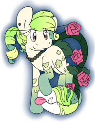Size: 2164x2771 | Tagged: safe, artist:rosexknight, imported from derpibooru, monster pony, original species, piranha plant pony, plant pony, augmented tail, ears, ears up, fangs, female, flower, jewelry, mane, necklace, pearl necklace, plant, raised hoof, rose, simple background, smiling, tongue out, white background