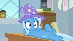 Size: 1280x720 | Tagged: safe, imported from derpibooru, screencap, trixie, pony, unicorn, a horse shoe-in, clothes, crossed hooves, crossed legs, cute, female, frown, hat, hooves behind head, lying down, mare, reclining, shrunken pupils, solo, trixie's hat, vice headmare trixie, wide eyes