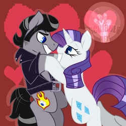 Size: 894x894 | Tagged: safe, artist:scribblerex, imported from derpibooru, rarity, oc, oc:sketchy, earth pony, pony, unicorn, art trade, canon x oc, clothes, cutie mark, digital art, female, horn, jacket, leather jacket, looking at each other, male, mare, smiling, stallion, tail