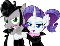 Size: 1014x787 | Tagged: safe, artist:claritea, imported from derpibooru, rarity, oc, oc:sketchy, earth pony, pony, unicorn, beard, canon x oc, cigarette, clothes, digital art, facial hair, female, horn, jacket, kiss mark, leather jacket, lipstick, looking at you, male, mare, smoking, stallion