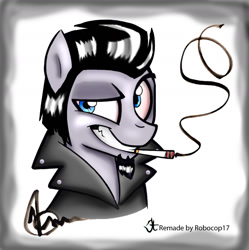 Size: 1024x1030 | Tagged: safe, artist:robocop17, artist:sibsy, artist:sketchywolf-13, color edit, edit, imported from derpibooru, oc, oc only, oc:sketchy, earth pony, pony, 2014, cigarette, clothes, colored, digital art, dreamworks face, jacket, leather jacket, male, smiling, smoking, solo, stallion