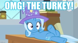 Size: 888x499 | Tagged: safe, edit, edited screencap, imported from derpibooru, screencap, trixie, pony, a horse shoe-in, caption, female, image macro, implied food, meme, solo, text, trixie yells at everything