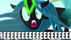 Size: 520x293 | Tagged: safe, artist:dwk, edit, edited screencap, imported from derpibooru, screencap, queen chrysalis, changeling, changeling queen, totally legit recap, to where and back again, animated, caption, eeee, female, gif, gif with captions, meme, reeee, solo, vibrating