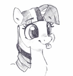 Size: 1397x1469 | Tagged: safe, artist:thefloatingtree, imported from derpibooru, twilight sparkle, pony, :p, bust, cute, female, grayscale, mare, monochrome, portrait, silly, silly pony, simple background, solo, tongue out, twiabetes, white background