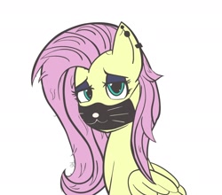 Size: 1822x1606 | Tagged: safe, artist:drawalaverr, imported from derpibooru, fluttershy, pegasus, pony, :3, coronavirus, covid-19, ear piercing, earring, emo, eyeshadow, fanart, female, fluttergoth, goth, jewelry, makeup, mare, mask, piercing, ppe, simple background, solo, surgical mask, white background