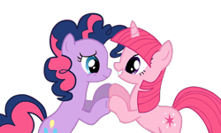 Size: 1280x766 | Tagged: safe, artist:rozyfly10, imported from derpibooru, pinkie pie, twilight sparkle, earth pony, pony, unicorn, feeling pinkie keen, duo, eye contact, female, hooves together, looking at each other, mare, palette swap, recolor, simple background, smiling, transparent background, unicorn twilight, vector