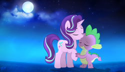 Size: 1324x768 | Tagged: safe, artist:pinkamenascratch, imported from derpibooru, spike, starlight glimmer, dragon, pony, unicorn, cloud, commission, eyes closed, female, male, mare, moon, night, raised hoof, shipping, smiling, sparlight, stars, straight