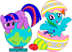 Size: 1148x836 | Tagged: safe, artist:dentist73548, artist:luckreza8, editor:cocoa bittersweet, imported from derpibooru, rainbow dash, twilight sparkle, pegasus, pony, unicorn, secret of my excess, crouching, cutie mark, duo, duo female, easter, easter egg, female, frown, glare, globe, heart, holiday, manepxls, mare, open mouth, pixel art, planet, pxls.space, raised hoof, simple background, spread arms, tangible heavenly object, transparent background, unicorn twilight
