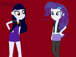 Size: 561x421 | Tagged: safe, artist:furrydiva, imported from derpibooru, rarity, oc, oc:serendipity, equestria girls, alternate clothes, alternate outfits, base used, raritydash, text