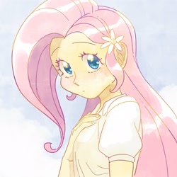 Size: 2048x2048 | Tagged: safe, artist:chapaghettii, imported from derpibooru, fluttershy, equestria girls, blouse, bust, cloud, cute, female, flower, flower in hair, high res, looking at you, shyabetes, sky, solo