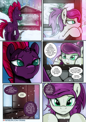 Size: 2480x3508 | Tagged: safe, artist:dsana, imported from derpibooru, fizzlepop berrytwist, tempest shadow, oc, oc:thistledown, earth pony, pony, unicorn, comic:a storm's lullaby, comic, female, friendzone, mare, onsen, shipping denied