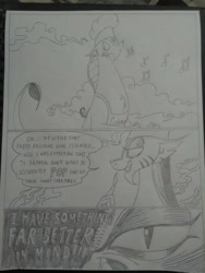 Size: 1944x2592 | Tagged: safe, artist:princebluemoon3, imported from derpibooru, cosmos (character), draconequus, comic:the chaos within us, apron, black and white, canterlot, chaos, chef's hat, clothes, comic, commissioner:bigonionbean, cooking, cosmos, dialogue, drawing, dream, female, finger snap, floating, grayscale, hat, knife, macro, magic, monochrome, night, nightmare, run away fast before it kills, traditional art, uniform, whistling, why, writer:bigonionbean
