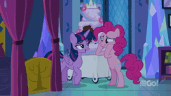 Size: 1920x1080 | Tagged: safe, imported from derpibooru, screencap, pinkie pie, twilight sparkle, alicorn, earth pony, cakes for the memories, spoiler:cakes for the memories, spoiler:mlp friendship is forever, 9go, animated, bed, bipedal, cake, crying, cute, eyes closed, female, food, happy, hooves on cheeks, hug, looking at each other, nervous grin, smiling, sound, squishy cheeks, talking, tears of joy, twilight sparkle (alicorn), twilight's castle, webm, wings
