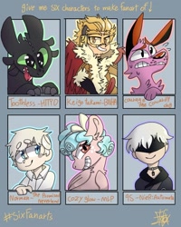 Size: 768x960 | Tagged: safe, artist:elafoxuwo, imported from derpibooru, cozy glow, dog, dragon, human, pegasus, pony, six fanarts, 9s, blindfold, bow, bust, clothes, courage (character), courage the cowardly dog, crossover, female, filly, grin, hair bow, heart eyes, how to train your dragon, male, my hero academia, nier: automata, scared, smiling, the promised neverland, toothless the dragon, wingding eyes