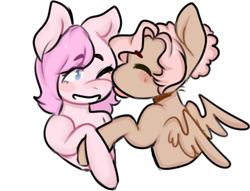 Size: 586x448 | Tagged: safe, artist:poofindi, imported from derpibooru, oc, oc only, oc:kayla, oc:mary jane, earth pony, pegasus, pony, eyes closed, female, kayry, kissing, lesbian, mare, oc x oc, one eye closed, shipping, simple background, transparent background