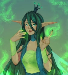 Size: 1080x1200 | Tagged: safe, alternate version, artist:rioka.vi, imported from derpibooru, queen chrysalis, human, clothes, dark skin, female, glowing hands, humanized, nail polish, solo