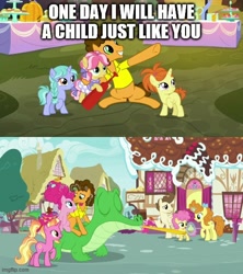 Size: 500x562 | Tagged: safe, edit, edited screencap, imported from derpibooru, screencap, cheese sandwich, gummy, indian summer, kettle corn, li'l cheese, luster dawn, pinkie pie, pound cake, pumpkin cake, alligator, earth pony, pegasus, pony, unicorn, the last problem, adult gummy, caption, comic, image macro, screencap comic, text