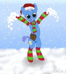 Size: 905x1024 | Tagged: artist needed, safe, imported from derpibooru, oc, oc only, oc:winter roll, earth pony, pony, clothes, earth pony oc, foal, snow, snowfall, socks, solo, striped socks, sunglasses, winter, winter outfit