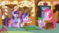 Size: 1920x1080 | Tagged: safe, imported from derpibooru, screencap, pinkie pie, spike, starlight glimmer, twilight sparkle, alicorn, dragon, earth pony, pony, unicorn, cakes for the memories, spoiler:cakes for the memories, spoiler:mlp friendship is forever, female, male, mare, twilight sparkle (alicorn), winged spike, wings